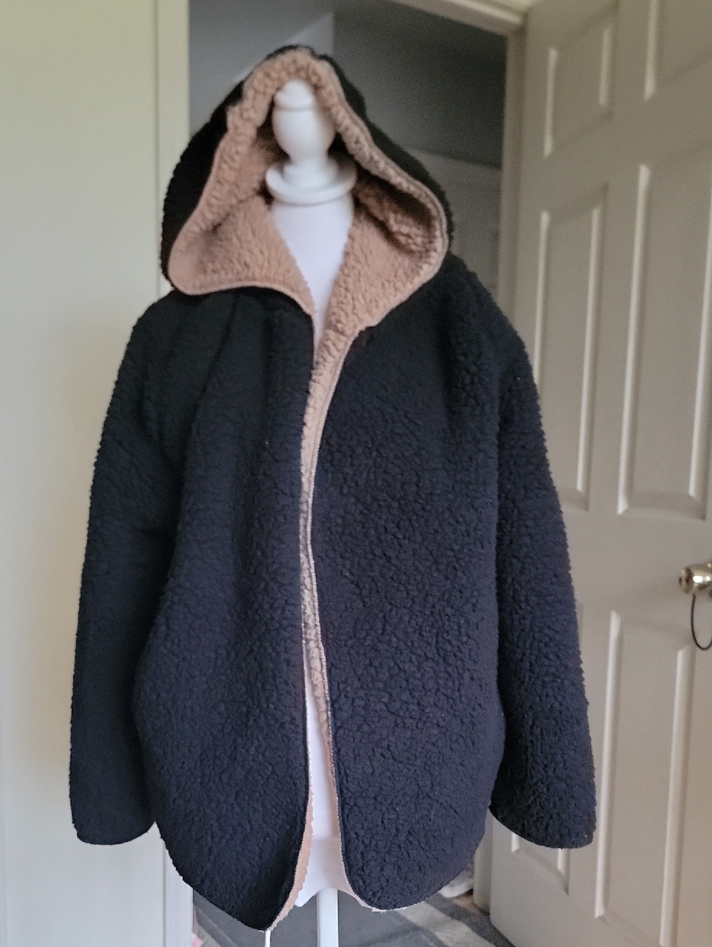Reversible Hooded Teddy Coat in Black and Tan